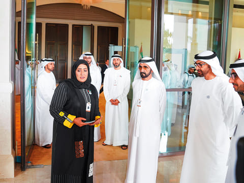Shaikh Mohammad Bin Rashid and Shaikh Mohammad Bin Zayed being briefed on the new model of government services on the sidelines of the annual government meetings.