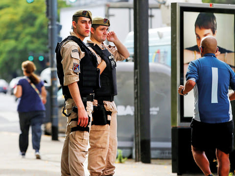 Officers of the Prefectura Naval (Coast Guard) secure the Saudi Arabian embassy in Buenos Aires, Argentina, on November 28, 2018.