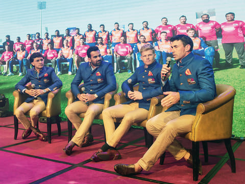 From left: Bengal Tigers team mentor Anis Sajan, former Indian pacer Zaheer Khan, skipper Sam Billings and Stephen Fleming talk during the gala night party at the Taj Hotel.
