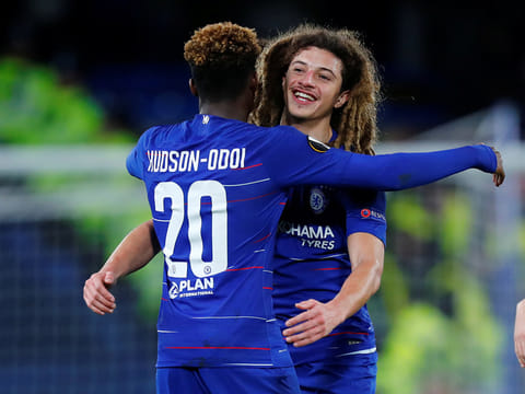 Chelsea's Ethan Ampadu celebrates with Callum Hudson-Odoi after the match.