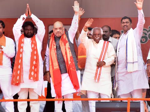 BJP National President Amit Shah at an election rally in support of the party candidates, in Amangal, Telangana, Sunday, December 2, 2018.