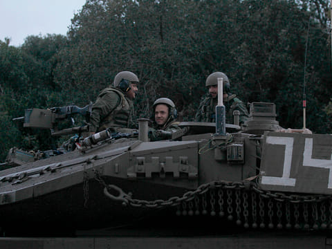 An Israeli Merkava tank parked near the border with Lebanon, after the area was declared a closed military zone by the Israeli army.