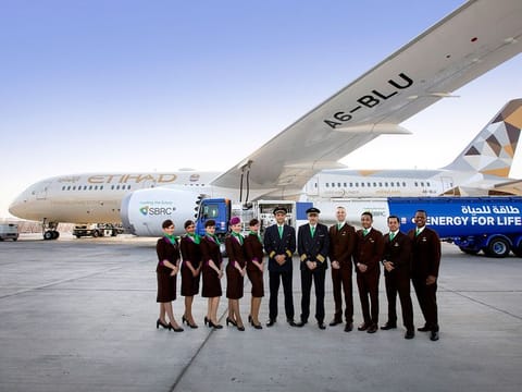 The pilots and cabin crew of the first biofuel flight operated by Etihad Airways.