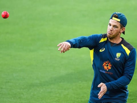 Australia's captain Tim Paine throws a ball during a practice session at the Gabba Cricket Ground in Brisbane, ahead of their first day-night Test match against Sri Lanka on January 24.