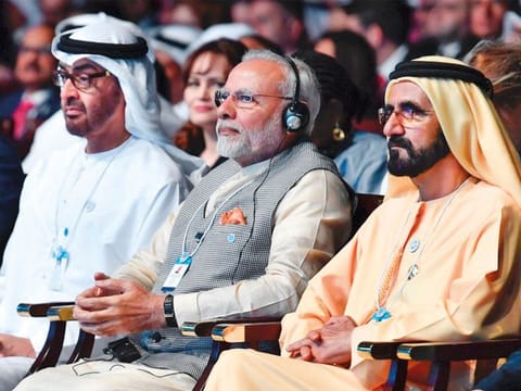 His Highness Shaikh Mohammad Bin Rashid Al Maktoum, Vice-President and Prime Minister of the UAE and Ruler of Dubai, and His Highness Shaikh Mohammad Bin Zayed Al Nahyan, Abu Dhabi Crown Prince and Deputy Supreme Commander of the UAE Armed Forces, with Indian Prime Minister Narendra Modi during a session at the World Government Summit in Dubai last February