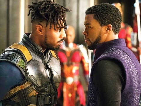 Michael B. Jordan, left, and Chadwick Boseman in a scene from Marvel Studios' "Black Panther."