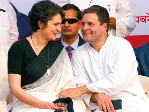 Congress party President Rahul Gandhi, right, with his sister, Priyanka Gandhi Vadra