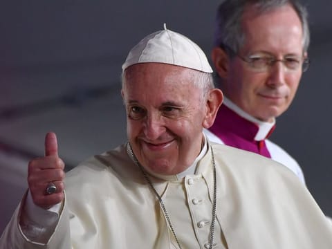 Pope Francis gives a thumbs up upon arriving to preside over an evening vigil with young people at the Campo San Juan Pablo II in Panama City, on January 26, 2019, as part of World Youth Day celebrations.