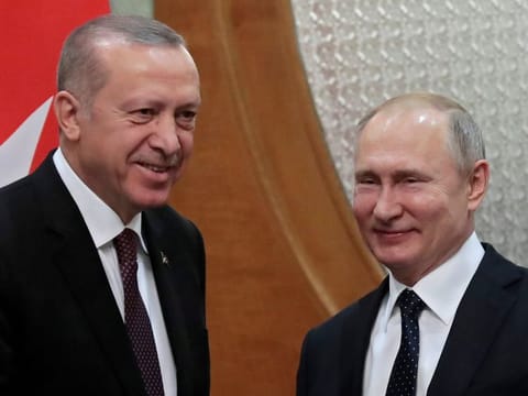 Turkish President Recep Tayyip Erdogan and Russian President Vladimir Putin during their meeting in the Black sea resort of Sochi, Russia, Russia February 14, 2019.