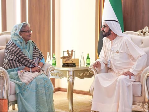 His Highness Shaikh Mohammad Bin Rashid Al Maktoum, Vice President, Prime Minister and Ruler of Dubai, on Monday received Sheikh Hasina, Prime Minister of Bangladesh, and her accompanying delegation, at the Ministry of Defence pavilion at IDEX.