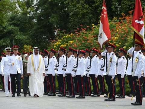 President of Singapore receives Shaikh Mohammad bin Zayed at the Republican Palace in Singapore where His Highness received an official reception ceremony