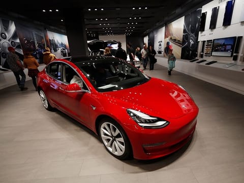 A Model 3 in a Tesla store in Cherry Creek Mall in Denver.