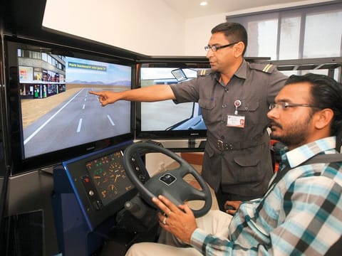 Heavy vehicle drivers train on a state-of-the-art simulator at Emirates Driving Company, Abu Dhabi.