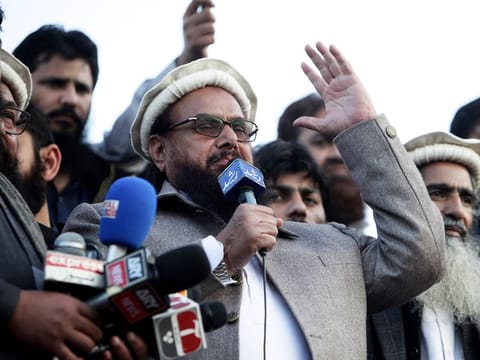 In this February 5, 2019 file photo, Hafiz Saeed, chief of Pakistani religious group Jamaat-ud-Dawa, addresses a rally in Lahore, Pakistan.