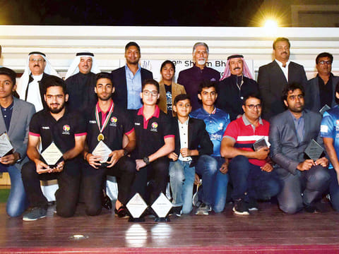 Kumar Sangakkara, Shyam Bhatia, Abdul Rahman Falaknaz and Executive Committee Members of Dubai Cricket Council with the winners during the 19th Shyam Bhatia Annual Awards