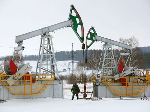 Oil pumping jacks near Almetyevsk, Tatarstan, Russia.