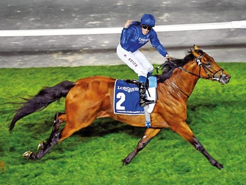 William Buick celebrates after Old Persian crossed the finish line in the Longines Dubai Sheema Classic at Meydan.