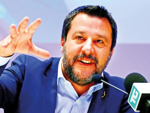 Matteo Salvini, Italy's Deputy Prime Minister and leader of the far-right League Party, gestures as he launches the start of his campaign for the European elections, in Milan, Italy April 8, 2019.