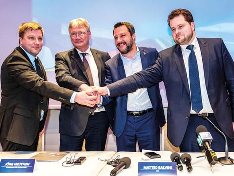 From left: Olli Kotro, a candidate for the Finns, Joerg Meuthen, co-leader of Alternative for Germany (AfD), Matteo Salvini, Italy's deputy prime minister, and Anders Vistisen, candidate for the Danish People's Party, pose for a photograph during the launch of an alliance of nationalist parties to take on the European Parliament elections, in Milan, Italy, on Monday, April 8, 2019.