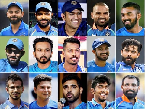 Members of India's 15 member squad for ICC Cricket World Cup 2019, from left in the top row, skipper Virat Kohli, Rohit Sharma, Mahendra Singh Dhoni (wk), Shikhar Dhawan and KL Rahul; from left to right in the middle row, Dinesh Karthik, Kedar Jadhav, Hardik Pandya, Vijay Shankar and Ravindra Jadeja; and left to right in the bottom row, Yuzvendra Chahal, Kuldeep Yadav,Bhuvneshwar Kumar, Jasprit Bumrah and Mohammed Shami, who were picked by the BCCI Selection Committee, Monday, April 15, 2019.