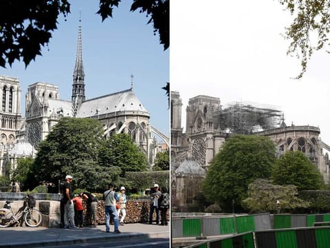 A combination picture shows the Notre-Dame Cathedral before and after a fire devasted large parts of the gothic structure in Paris France.