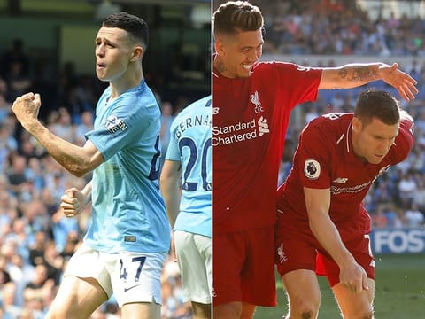 Manchester City's Phill Foden, left, celebrates his goal against Tottenham and Liverpool's James Milner celebrating scoring their second goal with team mates