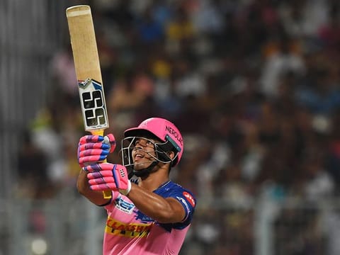 Rajasthan Royals' cricketer Riyan Parag plays a shot during the 2019 Indian Premier League (IPL) Twenty 20 cricket match between Kolkata Knight Riders and Rajasthan Royals at the Eden Gardens Cricket Stadium, in Kolkata, on April 25, 2019.
