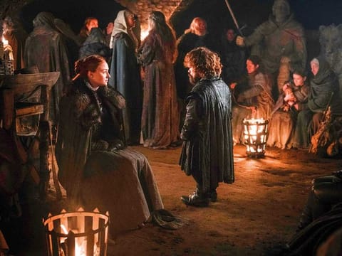 Sophie Turner as Sansa Stark and Peter Dinklage as Tyrion Lannister.