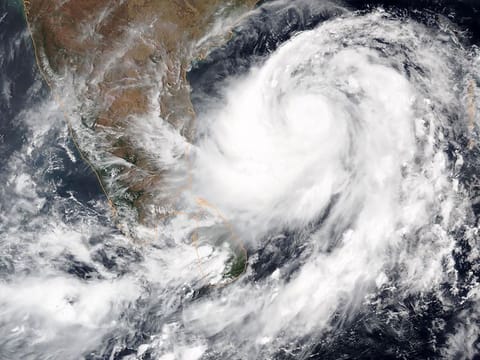 Satellite image obtained courtesy of the National Oceanic and Atmospheric Administration (NOAA) shows Tropical Cyclone Fani intensifying in the Bay of Bengal.