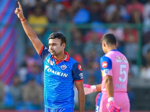 Dehli’s Amit Mishra celebrates a wicket during the IPL match against Rajasthan in New Delhi on Saturday.