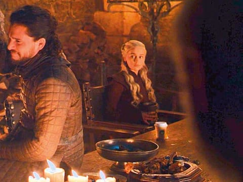 Kit Harington (Jon Snow) and Emilia Clarke (Daenerys Targaryen) in Monday’s episode of ‘Game of Thrones’, featuring a stray Starbucks cup.