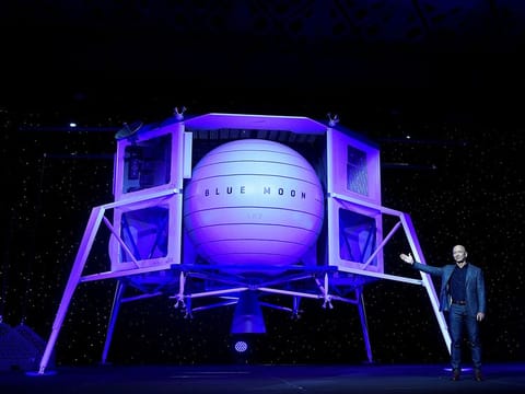 Founder, Chairman, CEO and President of Amazon Jeff Bezos unveils his space company Blue Origin's space exploration lunar lander rocket called Blue Moon.