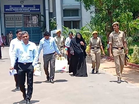 Nowhera Shaik outside Chanchalguda Jail in Hyderabad.