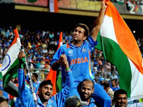 Sachin Tendulkar being chaired by Indian teammates on winning the 2011 ICC World Cup.