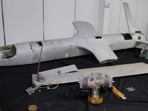 In this undated photograph obtained by The Associated Press, a UAV-X drone flown by Yemen's Houthi rebels is seen in Hodeida, Yemen.