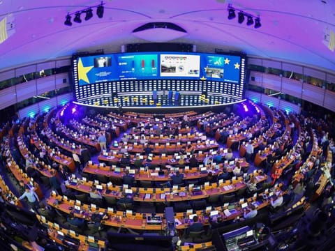 A view of the inside of the European Parliament hemicycle with journalists are attending the European elections results in the European Parliament in Brussels on May 26, 2019.