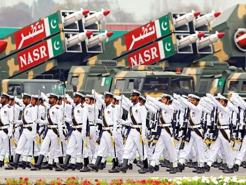 Navy troops march past the Nasr solid-fuel tactical ballistic missile system during the Pakistan Day military parade in Islamabad, in March. Pakistan has one of the world’s largest armies.
