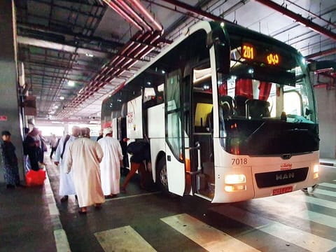 A Mwasalat bus arrives at Dubai’s Rashidiya metro station from Muscat. Oman’s Mwasalat and Dubai’s RTA launched the thrice-daily service between Muscat and Dubai last January.