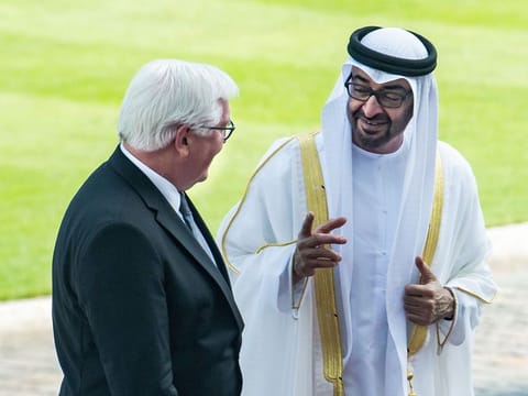 German President Steinmeier (L) welcomes Shaikh Mohammad Bin Zayed Al Nahyan at the Bellevue palace in Berlin.