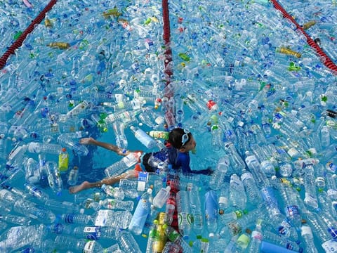 A child swims in a pool filled with plastic bottles during an awareness campaign in Bangkok.