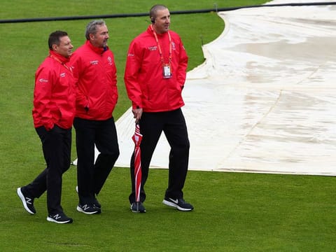 English umpire Michael Gough (right), seen here alongwith Richard Kettleborough and Richard Illingworth, has been put on six days of isolation for a bio bubble breach. He was withdrawn from the India-New Zealand game.