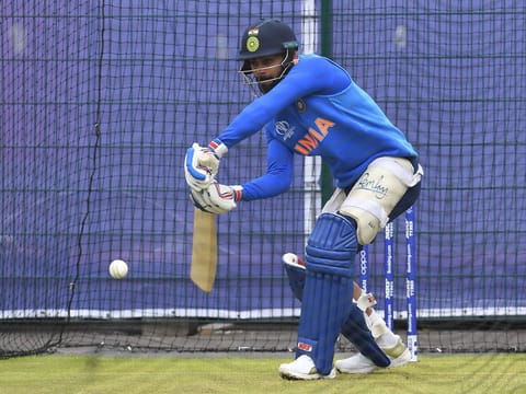 India's captain Virat Kohli bats in the nets during a training session at Old Trafford Cricket Stadium in Manchester on June 15, 2019, ahead of their 2019 World Cup match against Pakistan.