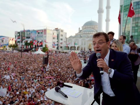 Ekrem Imamoglu, mayoral candidate for Istanbul from Turkey's main opposition Republican People's Party, speaks supporters at a rally for his campaign for the June 23 re-run elections, in Esenyurt district in Istanbul.