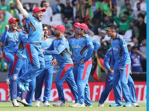 Afghanistan cricketers celebrate the dismissal of Pakistan's captain Sarfaraz Ahmad during their World Cup match at Headingley in Leeds on June 29, 2019.