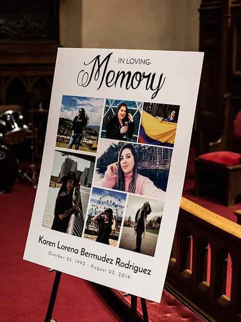 A sign on display at a memorial service for Karen Bermudez-Rodriguez at the Morrow Memorial United Methodist Church in Maplewood, N.J., Aug. 7, 2019.