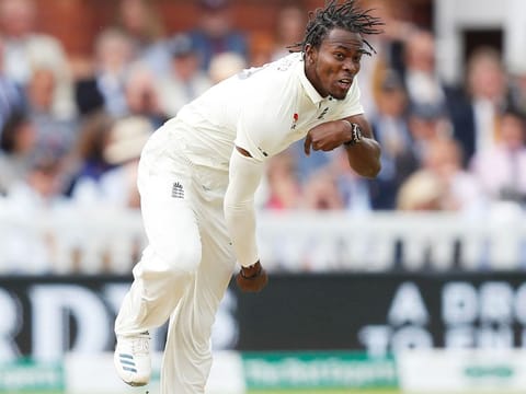 England's Jofra Archer bowls during the second Ashes Test against Australia at Lord's Cricket Ground in London.