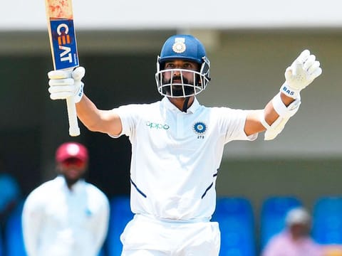 Ajinkya Rahane of India celebrates his century during the first Test against West Indies at Vivian Richards Cricket Stadium in North Sound, Antigua and Barbuda last year.