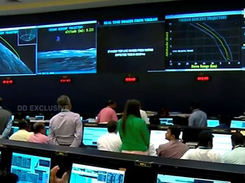 Officials watch live telecast of the soft landing of Vikram module of Chandrayaan 2 on lunar surface as it starts 'fine breaking' at ISRO Telemetry Tracking and Command Network (ISTRAC), in Bengaluru.