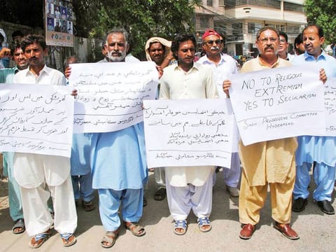 Activists of Sindh Progressive Committee Hyderabad hold a demonstration for communal peace and harmony in Ghotki.