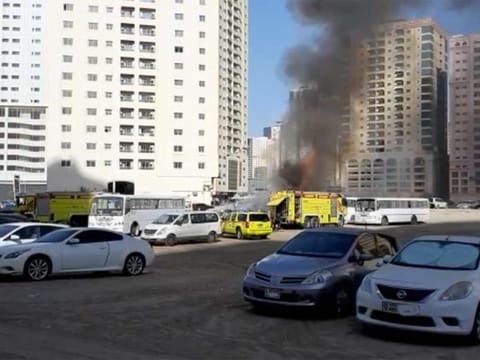 A screengrab from video showing firefighters in action in Sharjah's Al Nahda